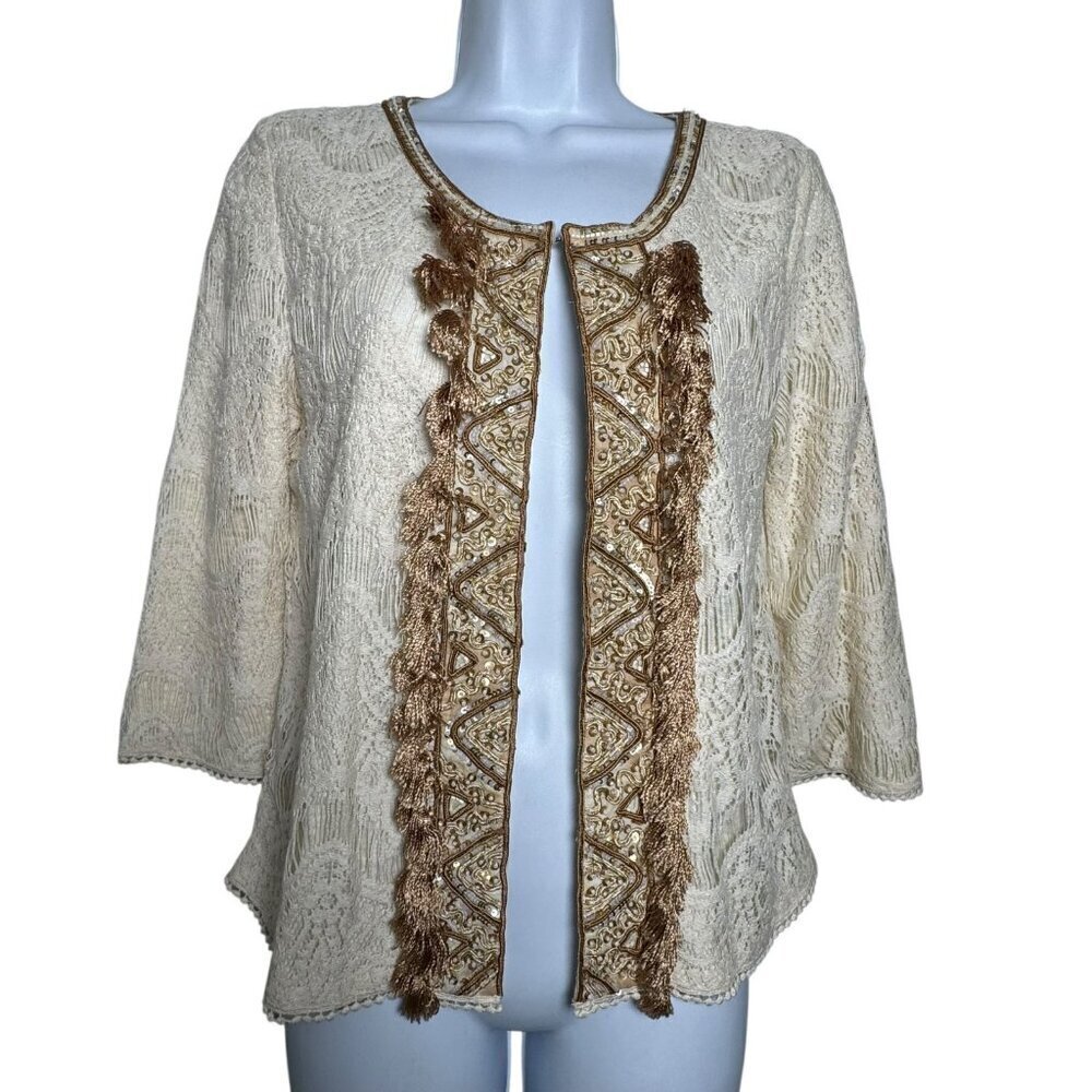 Calypso St. Barth Beaded Tasseled Lace Hook Eye Cardigan Size Small Cotton Blend - Picture 2 of 10